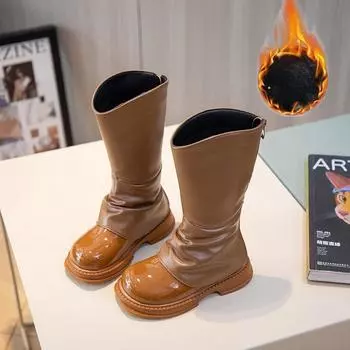 Новые модные осенне-зимние бархатные высокие сапоги для девочек, туфли принцессы на мягкой подошве, длинные сапоги, детские сапоги 26 (inner length 16cm)