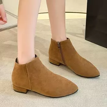 Новые модные осенне-зимние повседневные большие женские короткие сапоги с острым ремешком из искусственной кожи на низком каблуке с тестовой молнией, размер 35-43 35