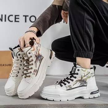 Новые модные осенние и зимние мужские высокие ботинки martin для студентов, трендовые рабочие туфли на мягкой подошве для мальчиков, кроссовки Martin с защитой труда 39 чёрный/белый