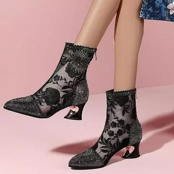 Новые модные пикантные кружевные сетчатые туфли с ромбовидной вышивкой, женские сандалии на толстом каблуке с заостренным средним каблуком 35