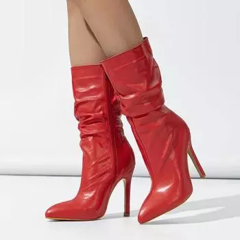 Новые модные плиссированные сапоги из искусственной кожи до середины голени для женщин, осень-зима, острый носок, боковая молния, тонкие высокие каблуки, туфли челси, размер 35-42 35 чёрный