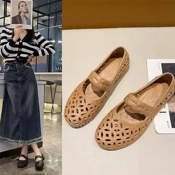 Новые модные полые одинарные туфли женские маленькие ароматные ветряные мелкие горлышки мягкие на плоской подошве туфли Doudou на низком каблуке дышащие одна педаль 36 чёрный