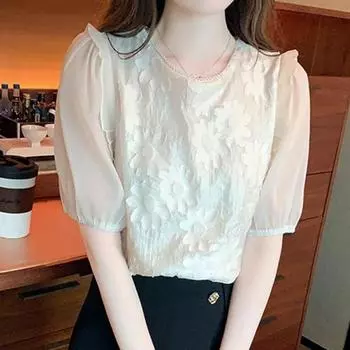 Новые модные повседневные рубашки с бисером, элегантная блузка с круглым вырезом, винтажная свободная шифоновая рубашка с пышными рукавами для женской летней одежды, женские топы 24453 S абрикосовый