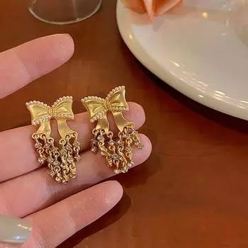 Новые модные простые роскошные серьги с бантом и циркониевой кисточкой, геометрические индивидуальные серьги женские