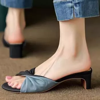 Новые модные простые женские тапочки Dew Feet на высоком каблуке, однотонные удобные повседневные тапочкиМодные тапочки 2024 35 чёрный