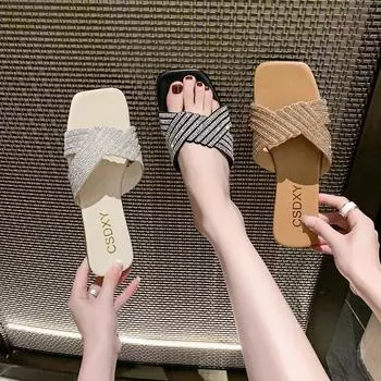 Новые модные яркие ромбовидные декоративные женские тапочки простые высококачественные темпераментные плоские маленькие удобные рабочие туфли для шопинга 35 хаки