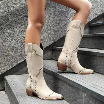 Новые модные ретро панк заклепки вестерн сапоги женские квадратный носок толстый высокий каблук без застежек сапоги для верховой езды до середины икры большой размер 41 42 43 6