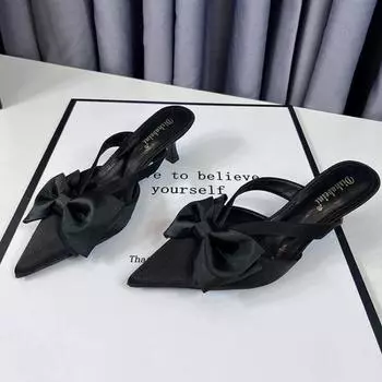 Новые модные розовые классные тапочки в стиле феи для женщин, летние женские тапочки с французским острым бантом и полыми высокими каблуками, полуобмотанные женские тапочки 35 розовый