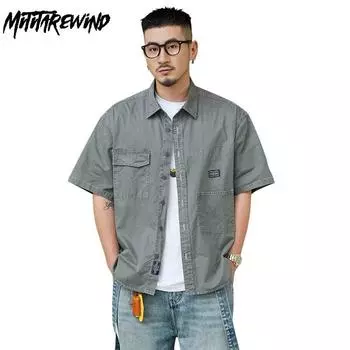 Новые модные рубашки с коротким рукавом для мужчин, летняя рабочая одежда, повседневные рубашки из чистого хлопка, однотонные рубашки в японском стиле, свободная рубашка-карго, молодежная мужская одежда M серый