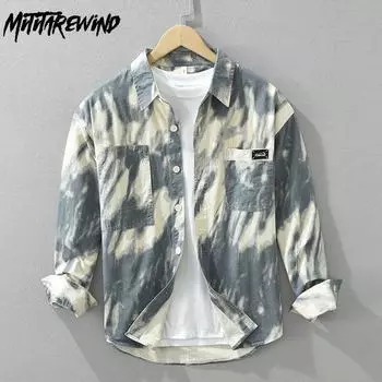 Новые модные рубашки с принтом Tie Dye, мужская модная уличная одежда, свободные повседневные мужские топы, рубашка из чистого хлопка с карманами, мужская одежда в стиле ретро M серый