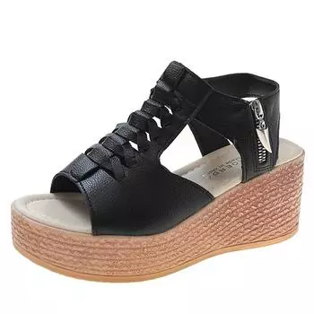 Новые модные сандалии на покатом каблуке женские с открытым носком на металлической молнии классные женские туфли на танкетке 35