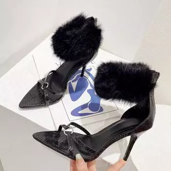 Новые модные сандалии на щиколотке из искусственного меха, женские черные кожаные туфли со змеиным принтом и острым носком, туфли на каблуке для зачистки, Sandalias Mujer 36 чёрный