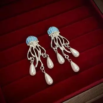 Новые модные серьги-гвоздики с синей медузой и жемчугом, уникальная индивидуальность и темперамент, женские серьги-гвоздики «Джокер»