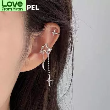 Новые модные серьги-клипсы с луной и звездами из циркония для женщин, простые, с поддельным хрящом, с длинной кисточкой, ювелирные изделия