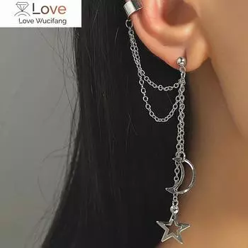 Новые модные серьги-клипсы со звездами и луной, ушные крючки, индивидуальные металлические клипсы для ушей, двойные серьги для пирсинга для женщин и девочек, ювелирные изделия