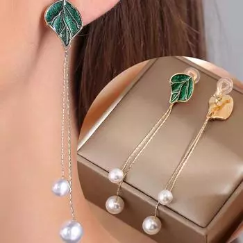 Новые модные серьги с длинной бахромой из искусственного жемчуга в виде листовой эмали для женщин без пирсинга, серьги-клипсы для ушей