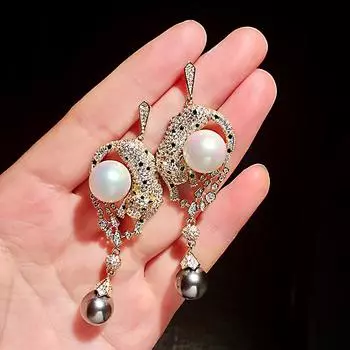 Новые модные серьги с искусственным жемчугом и черным пятном, леопардовые серьги в стиле барокко, микро-набор, ювелирные изделия с кубическим цирконием, банкетные серьги