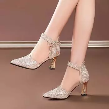 Новые модные сетчатые дышащие сапоги со стразами на высоком каблуке, элегантные туфли-лодочки с острым носком для платья, женские туфли на высоком каблуке для банкета и свадьбы, размер 42 CN 35 золотой