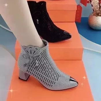Новые модные сетчатые сапоги на среднем толстом каблуке для женщин. Удобные и универсальные дышащие крутые ботинки для женщин. Женские ботинки в форме банта. 35