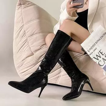 Новые модные сексуальные роскошные женские сапоги с крокодиловым узором на каблуках до колена, для банкета, вечеринки, свадьбы, на шпильках, до середины голени, размер 47 48 6