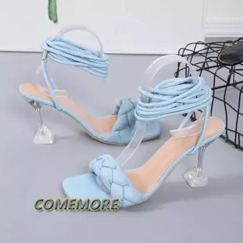 Новые модные сексуальные женские босоножки на шнуровке с квадратным носком и тонким каблуком, летняя обувь с перекрестными шнурками, роскошные туфли для вечеринок, черные, белые, размер 35-43 36 чёрный