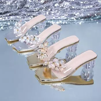 Новые модные шлепанцы, женские шлепанцы, повседневная обувь на квадратном среднем каблуке для женщин, летние тапочки с квадратной пряжкой и кристаллами, большие размеры 35 серебряный