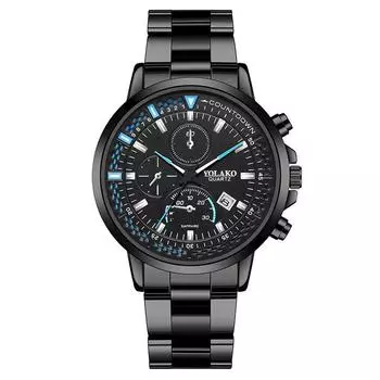 Новые модные синие игольчатые трехглазые календарные часы со стальным ремешком из нержавеющей стали мужские часы мужские часы