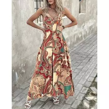 Новые модные свободные летние комбинезоны с V-образным вырезом, женские комбинезоны с принтом для пляжного отдыха, повседневные женские комбинезоны без рукавов с высокой талией, облегающие женские боди 26097 S абрикосовый