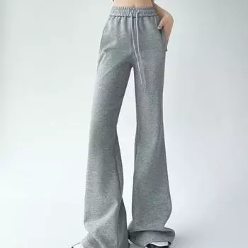 Новые модные свободные широкие брюки-клеш с высокой талией, женские однотонные элегантные прямые повседневные брюки, женские однотонные простые офисные брюки со шнурком 25626 S чёрный