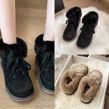 Новые модные теплые хлопковые ботинки женские зимние с подкладкой и утолщением круглые шнурованные нескользящие короткие ботинки на толстой подошве 35 чёрный
