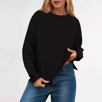 Новые модные толстовки с круглым вырезом для женщин с длинным рукавом, легкие осенние и зимние топы M чёрный