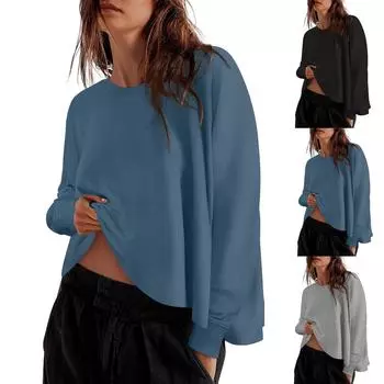 Новые модные толстовки с круглым вырезом для женщин с длинным рукавом, легкие осенние и зимние топы M чёрный