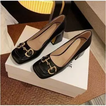 Новые модные туфли на толстом высоком каблуке с пряжкой, классические женские темпераментные туфли люксового бренда французской моды, универсальные женские туфли 40 бежевый