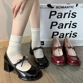 Новые модные туфли с бантом на мелкой мягкой подошве для женщин, туфли Мэри Джейн на высоком каблуке, женские балетки на толстом каблуке 37 чёрный