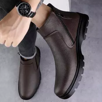 Новые модные удобные мужские ботинки челси из натуральной кожи, ботильоны с боковой молнией, мужские деловые туфли, теплые плюшевые зимние ботинки с мехом 37 чёрный