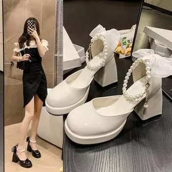 Новые модные универсальные милые туфли на высоком каблуке с жемчужным бантом 35 чёрный