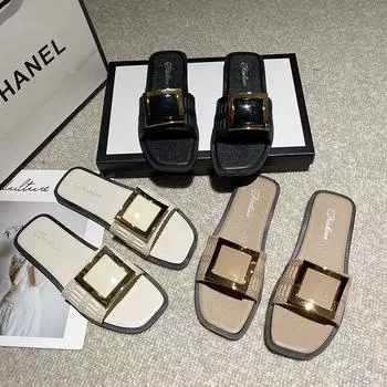 Новые модные универсальные тапочки корейского выпуска для женской летней верхней одежды, домашние нескользящие студенческие тапочки на плоской подошве 36-37 бежевый