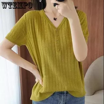 WTEMPO Новые модные весенние топы из ледяного шелка с короткими рукавами для женщин, летний тонкий белый вязаный свитер L