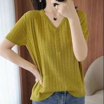 Новые модные весенние топы из ледяного шелка с короткими рукавами, женские летние тонкие белые вязаные свитера, топ L