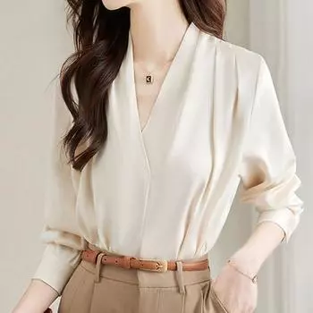 Новые модные весенние женские блузки, рубашки с длинным рукавом и V-образным вырезом, офисная женская абрикосовая шифоновая блузка, рубашка, женские топы J768 S абрикосовый
