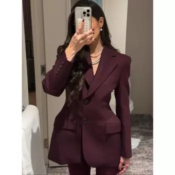 Новые модные винно-красные узкие женские пиджаки с лацканами, элегантные с длинными рукавами, карманы, однобортный пиджак, пальто, женская шикарная верхняя одежда S бордовый