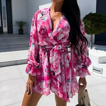 Новые модные винтажные комбинезоны с пышными рукавами и цветочным принтом, женские элегантные облегающие повседневные женские комбинезоны с V-образным вырезом и шнуровкой, летние боди для офисных леди 26160 S чёрный