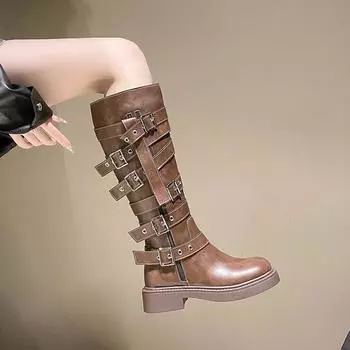 Новые модные винтажные ковбойские сапоги в стиле вестерн с квадратной головкой, мотоциклетные ботинки с пряжкой по бокам и толстым каблуком, тонкие высокие сапоги 35