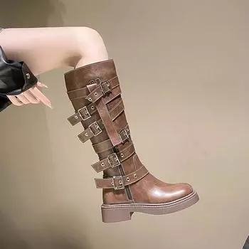 Новые модные винтажные ковбойские сапоги в стиле вестерн с квадратной головкой, мотоциклетные ботинки с пряжкой по бокам и толстым каблуком, тонкие высокие сапоги 35