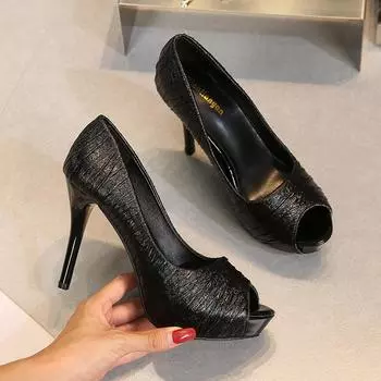 Новые модные водонепроницаемые туфли на платформе из мятой кожи с рыбьим ртом, деловые повседневные туфли на очень высоком каблуке для женщин, модные туфли для подиума 34
