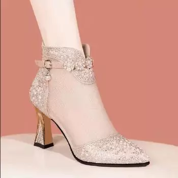 Новые модные заостренные сетчатые дышащие стразы на высоком каблуке с пряжкой большие удобные крутые ботинки женские лакированные кожаные короткие сандалии 37 серебряный
