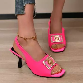 Новые модные женские босоножки на шпильке с квадратным носком, металлической пряжкой и металлическим узором, на очень высоком каблуке, с эластичной резинкой на ноге, с тонким каблуком 35 чёрный