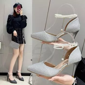 Новые модные женские босоножки с острым носком на высоком каблуке 35 серебряный