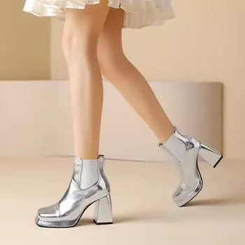 Новые модные женские ботильоны из искусственной кожи золотистого и серебристого цвета с квадратным носком на толстом высоком каблуке с застежкой-молнией сзади Chelsea Botas De Mujer 6