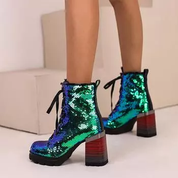 Новые модные женские ботильоны осень-зима на шнуровке на толстом высоком каблуке на платформе с золотыми зелеными блестками блестящие туфли для вечеринок 43 44 6